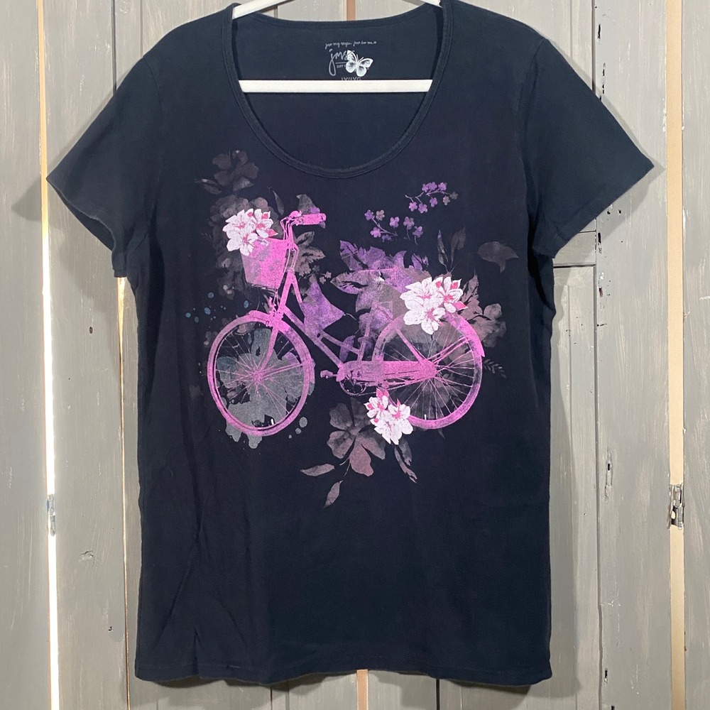 Just‎ My Size JMS Floral Bicycle Graphic T-Shirt Wms 1X 16W Scoop Neck Black